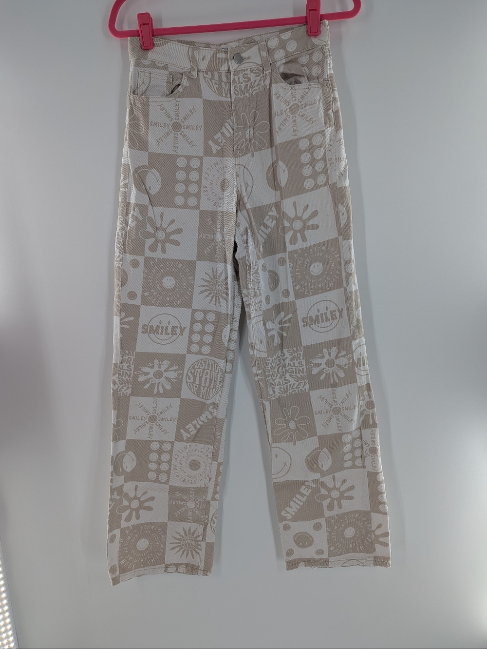 H&M Smiley World Straight Leg Jeans High Waist Checkerboard Streetwear Women's 2